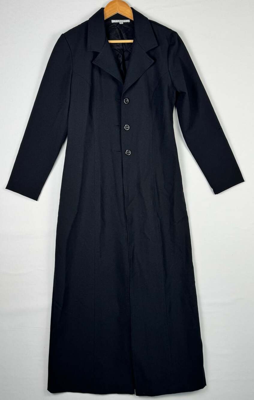 La Belle Long Trench Coat Size 9 Black Button Front Collared Jacket
